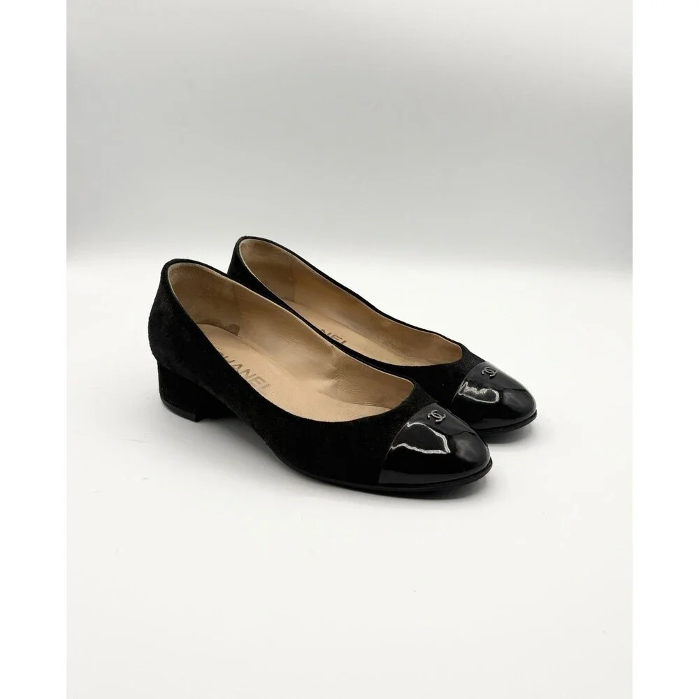 Chanel Black Suede Low Block Heels w CC Logo Cap Toe Accent Size EU 36